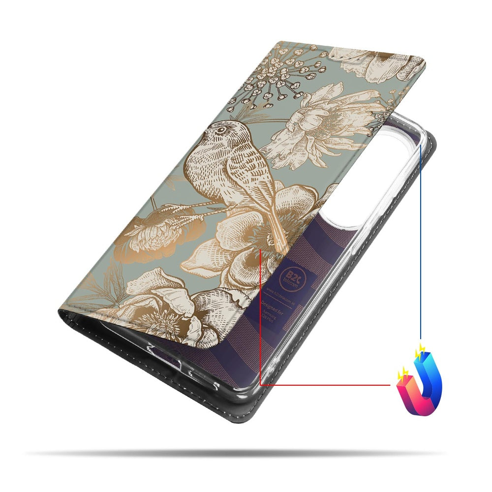 Samsung Galaxy S26 Plus Bookcase Vintage Bird Flowers Aanzicht.