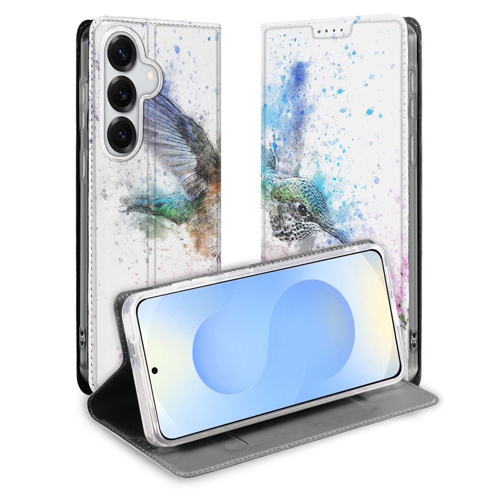 Samsung Galaxy S26 Plus Standcase Hoesje Vogel Voor-en-zijaanzicht met kleurrijk vogelontwerp.