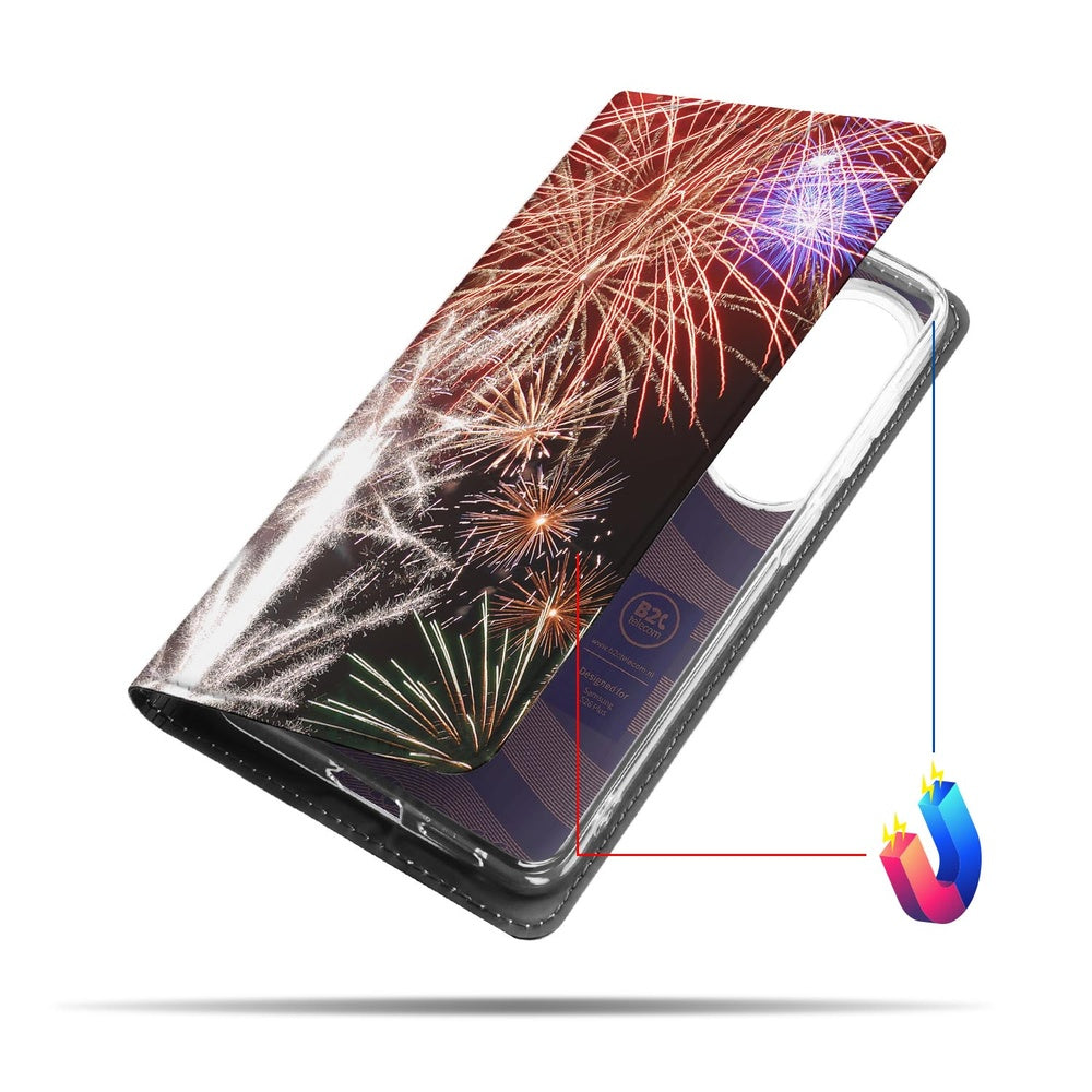 Samsung Galaxy S26 Plus Book Case Vuurwerk siervuurwerk print vooraanzicht.
