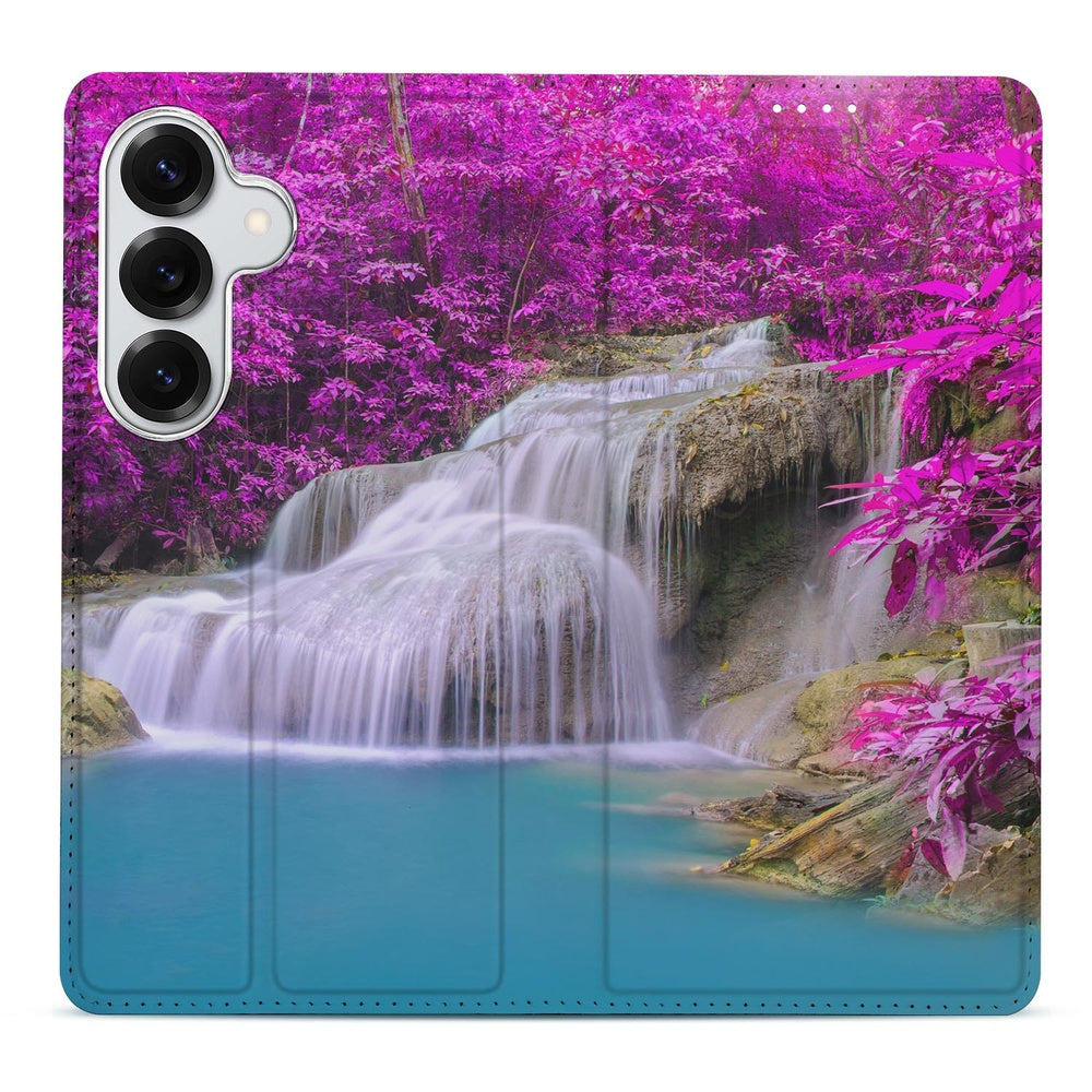 Samsung Galaxy S26+ Book Wallet Case Waterval Waterval stijl met kleurrijke bloemen en waterval Vooraanzicht.