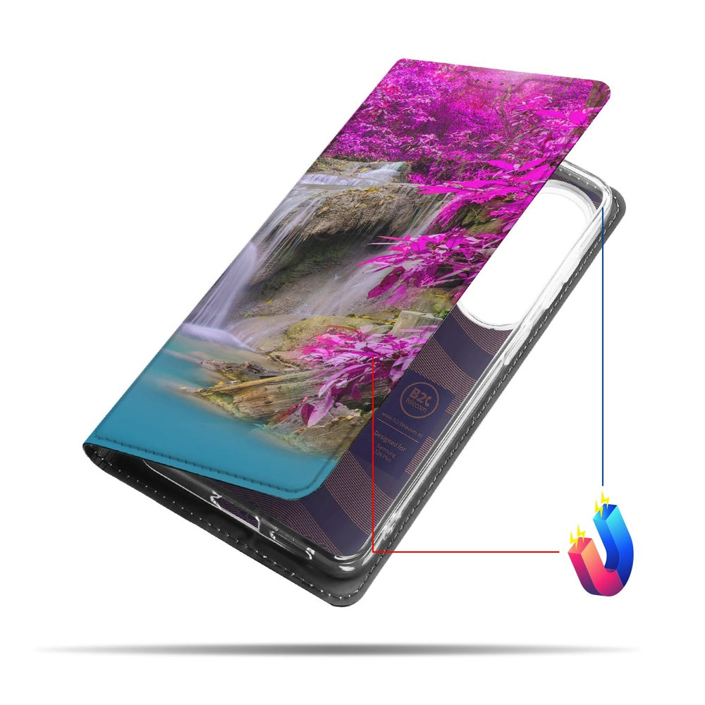 Samsung Galaxy S26+ Book Wallet Case Waterval boekenduik met waterval en paarse bloemen aanzicht.