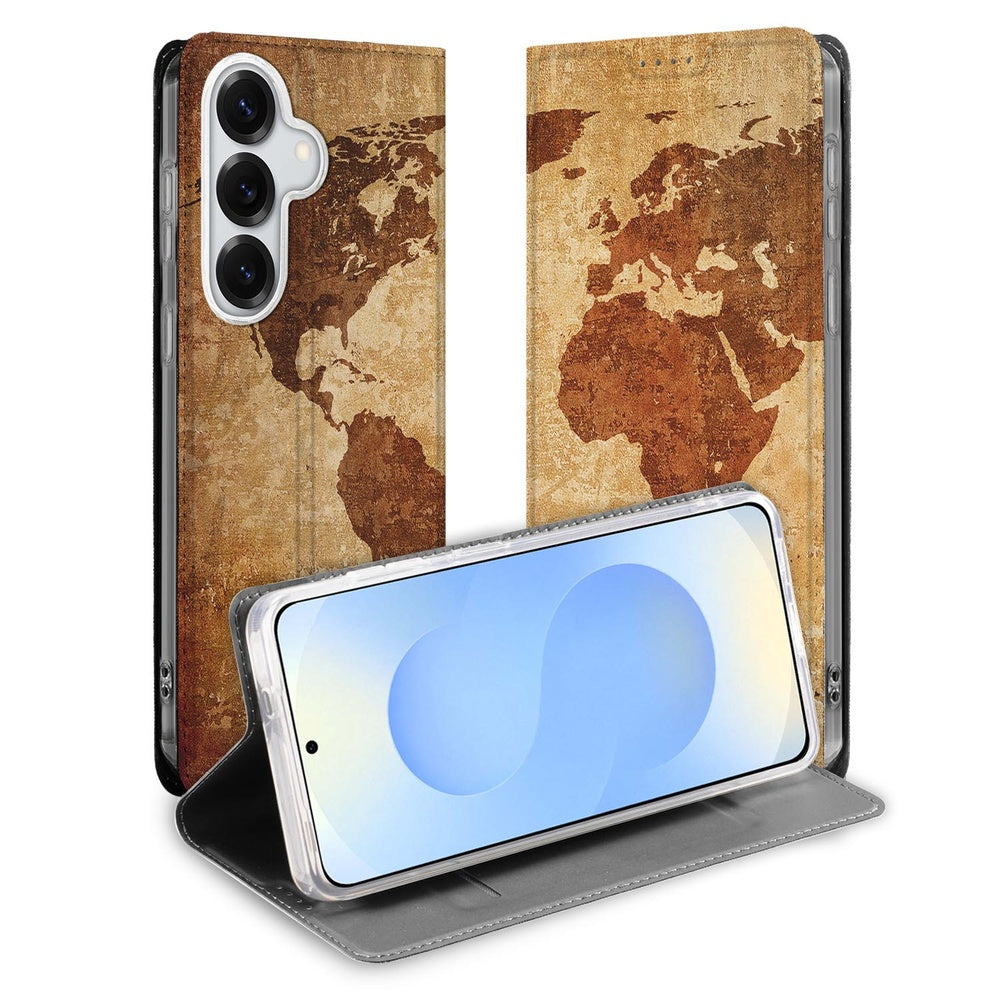Samsung Galaxy S26 Plus Flip Style Cover Wereldkaart Wereldkaart Design Vooraanzicht.