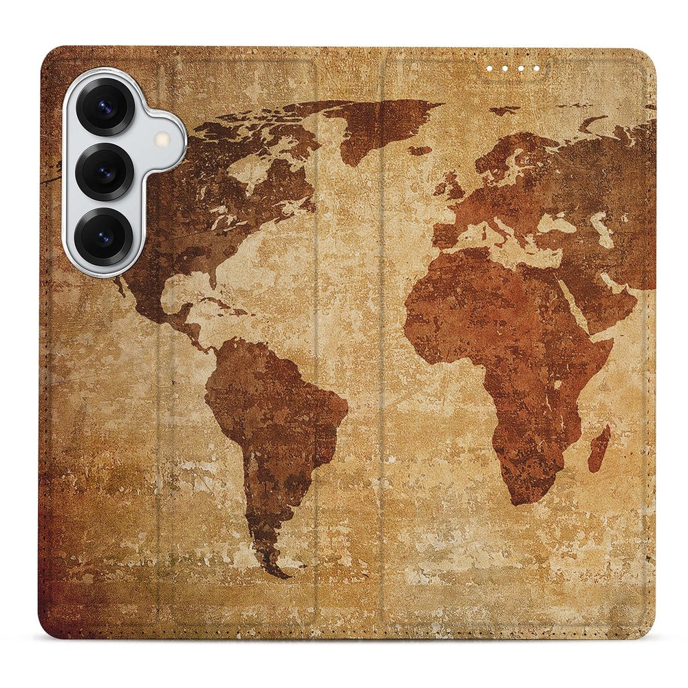 Samsung Galaxy S26 Plus Flip Style Cover Wereldkaart wereldkaart ontwerp vooraanzicht.