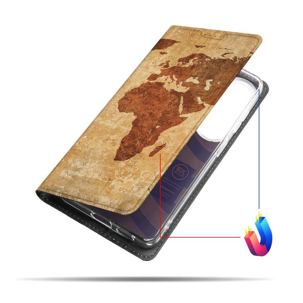 Samsung Galaxy S26 Plus Flip Style Cover Wereldkaart Buitenkant Wereldkaart Vooraanzicht.