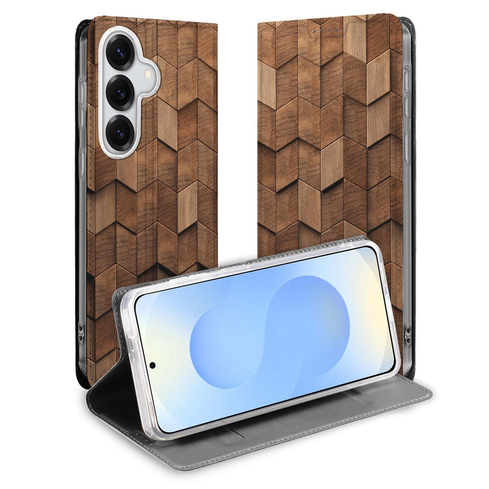 Samsung Galaxy S26 Plus Book Case Wooden Cubes houten kubusdesign vooraanzicht.