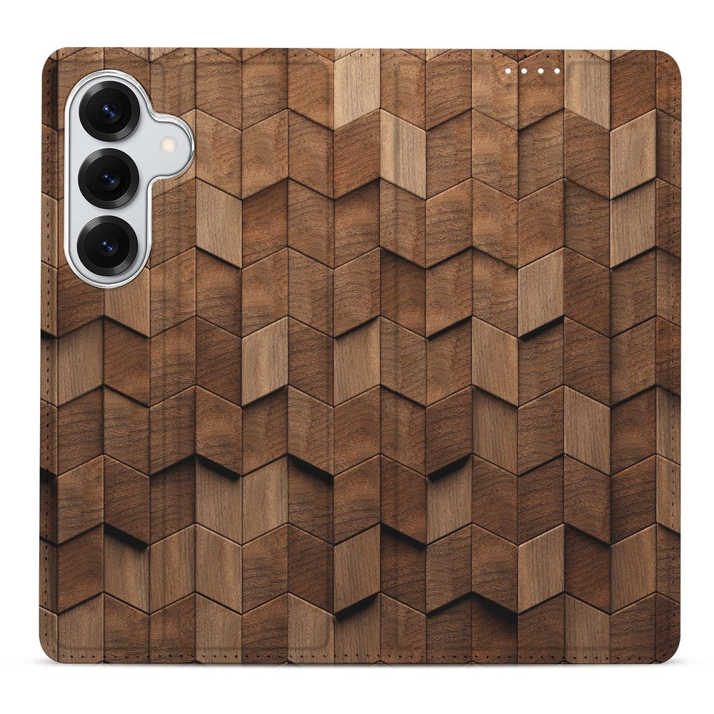 Samsung Galaxy S26 Plus Book Case Wooden Cubes houten kubuspatroon voorkant.