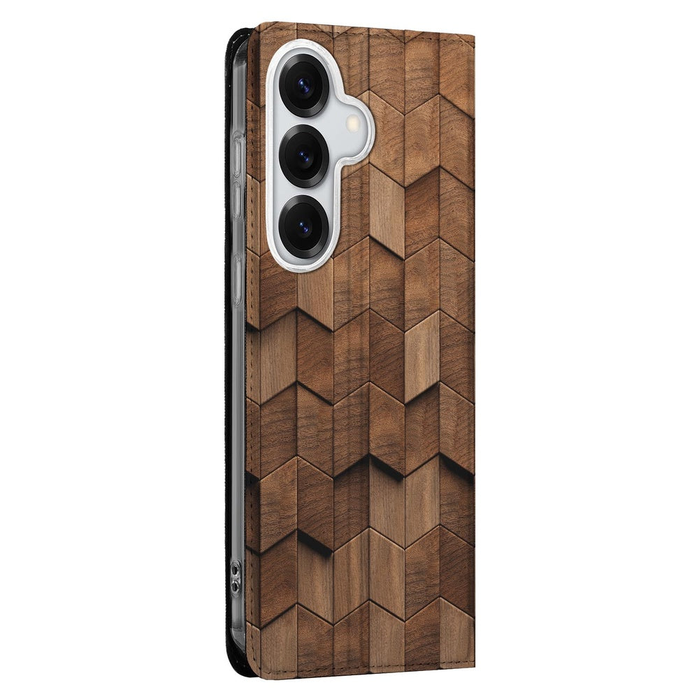 Samsung Galaxy S26 Plus Book Case Wooden Cubes detail weergave van houten kubuspatroon.