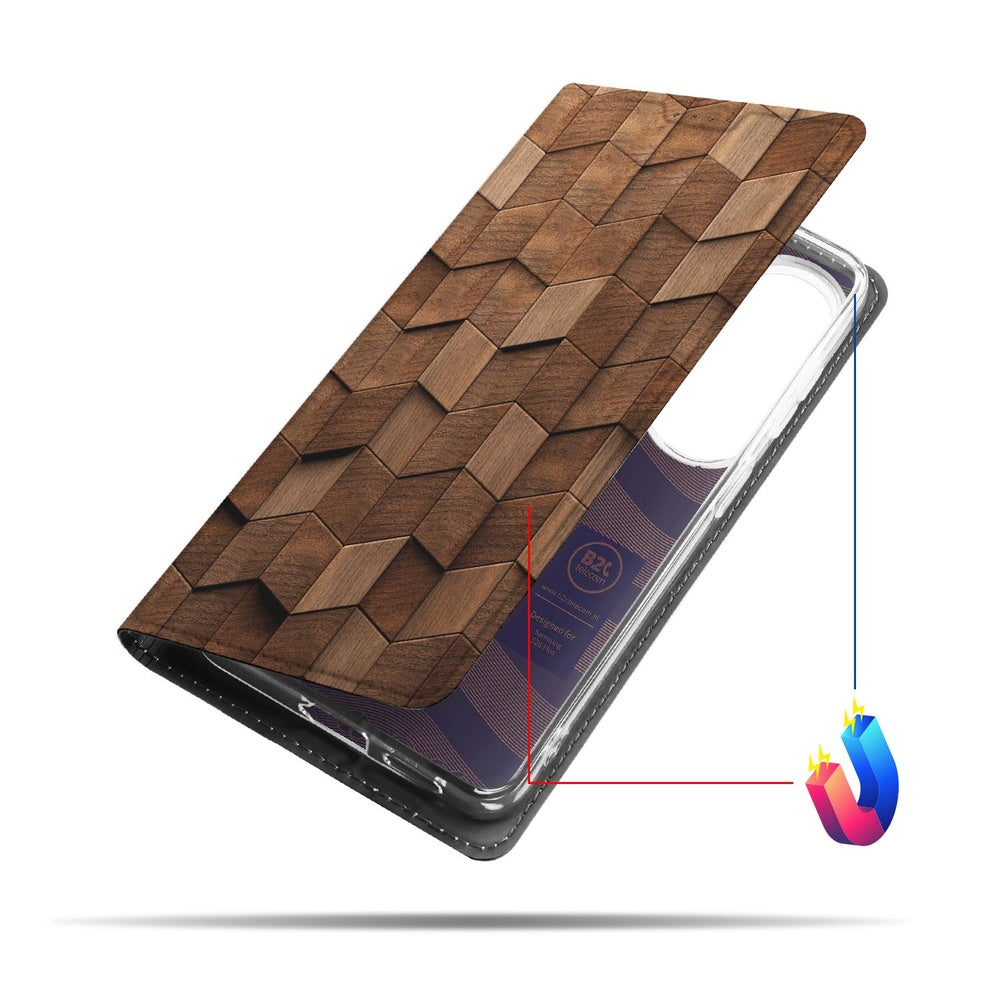 Samsung Galaxy S26 Plus Book Case Wooden Cubes boekhoes houten kubussen zijaanzicht.
