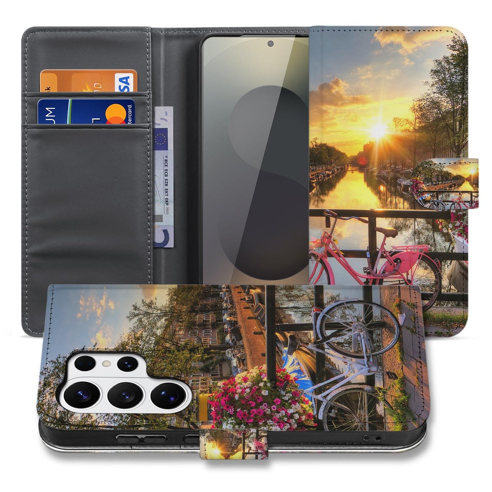 Samsung Galaxy S26 Ultra Flip Cover Bookcase Amsterdamse Grachten met Pasjeshouder grachtenprint pasjeshouder voorzijde.