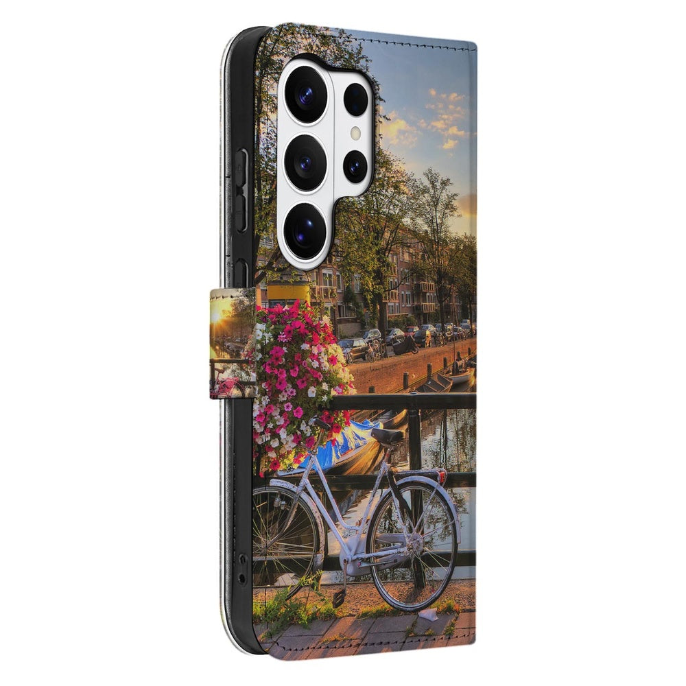 Samsung Galaxy S26 Ultra Flip Cover Bookcase Amsterdamse Grachten met Pasjeshouder fiets bloemen Amsterdamse gracht.