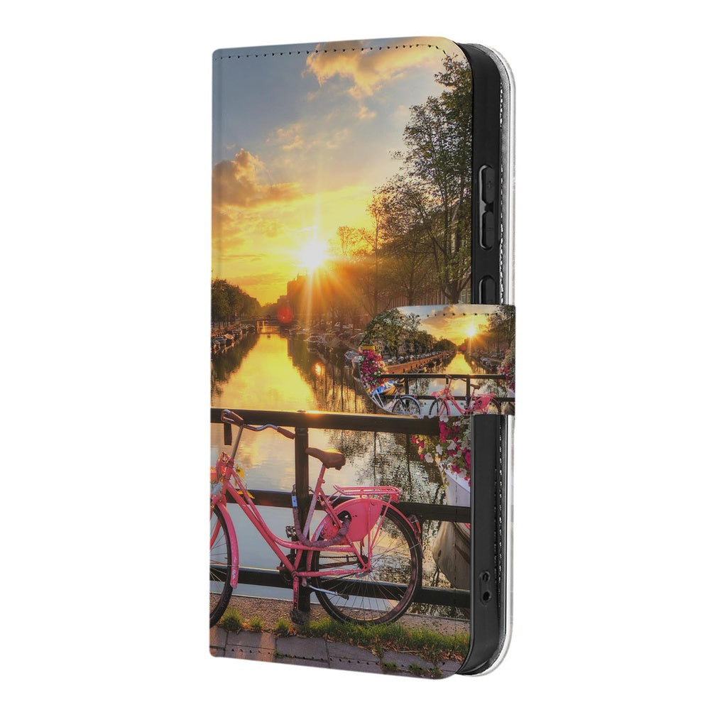 Samsung Galaxy S26 Ultra Flip Cover Bookcase Amsterdamse Grachten met Pasjeshouder gracht en fiets print zonsopgang.