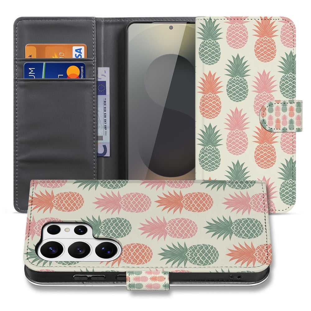 Samsung Galaxy S26 Ultra Book Cover Ananas Roze Rood Groen Portemonnee Hoesje design ananasprint beige achtergrond.