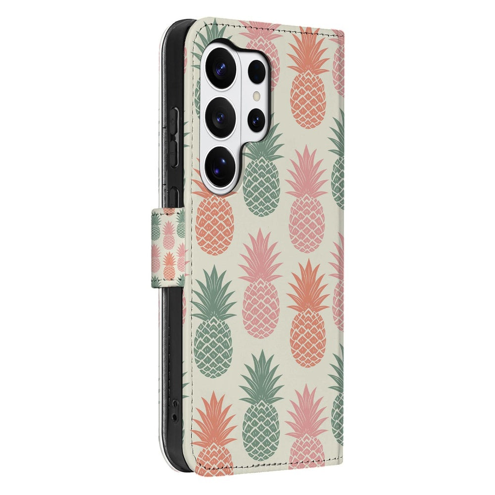 Samsung Galaxy S26 Ultra Book Cover Ananas Roze Rood Groen Portemonnee Hoesje ananasprint beige achtergrond.