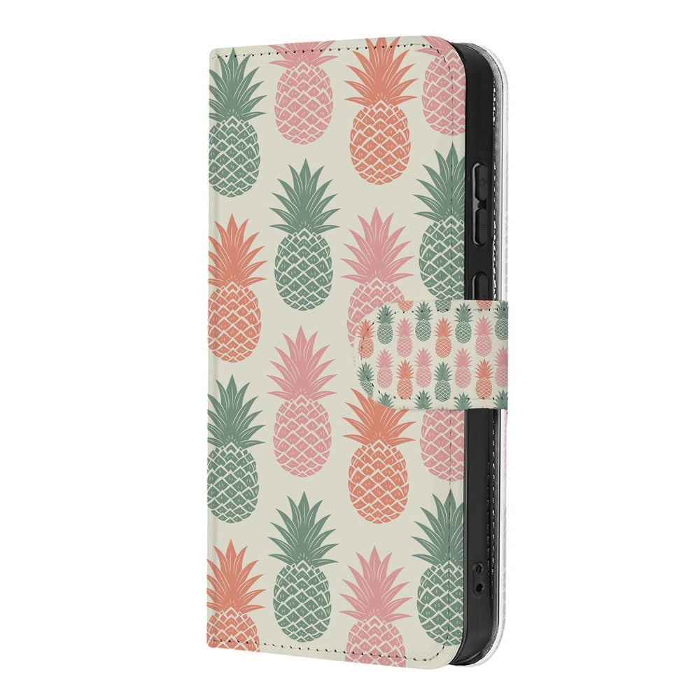 Samsung Galaxy S26 Ultra Book Cover Ananas Roze Rood Groen Portemonnee Hoesje ananasprint beige achtergrond zijkant.