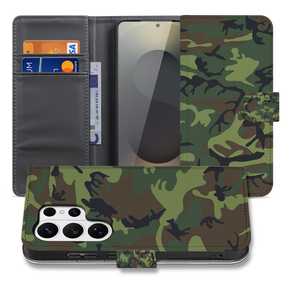 Samsung Galaxy S26 Ultra Portemonnee Hoesje Camouflage Leger Magnetische sluiting Aanzicht voorzijde.