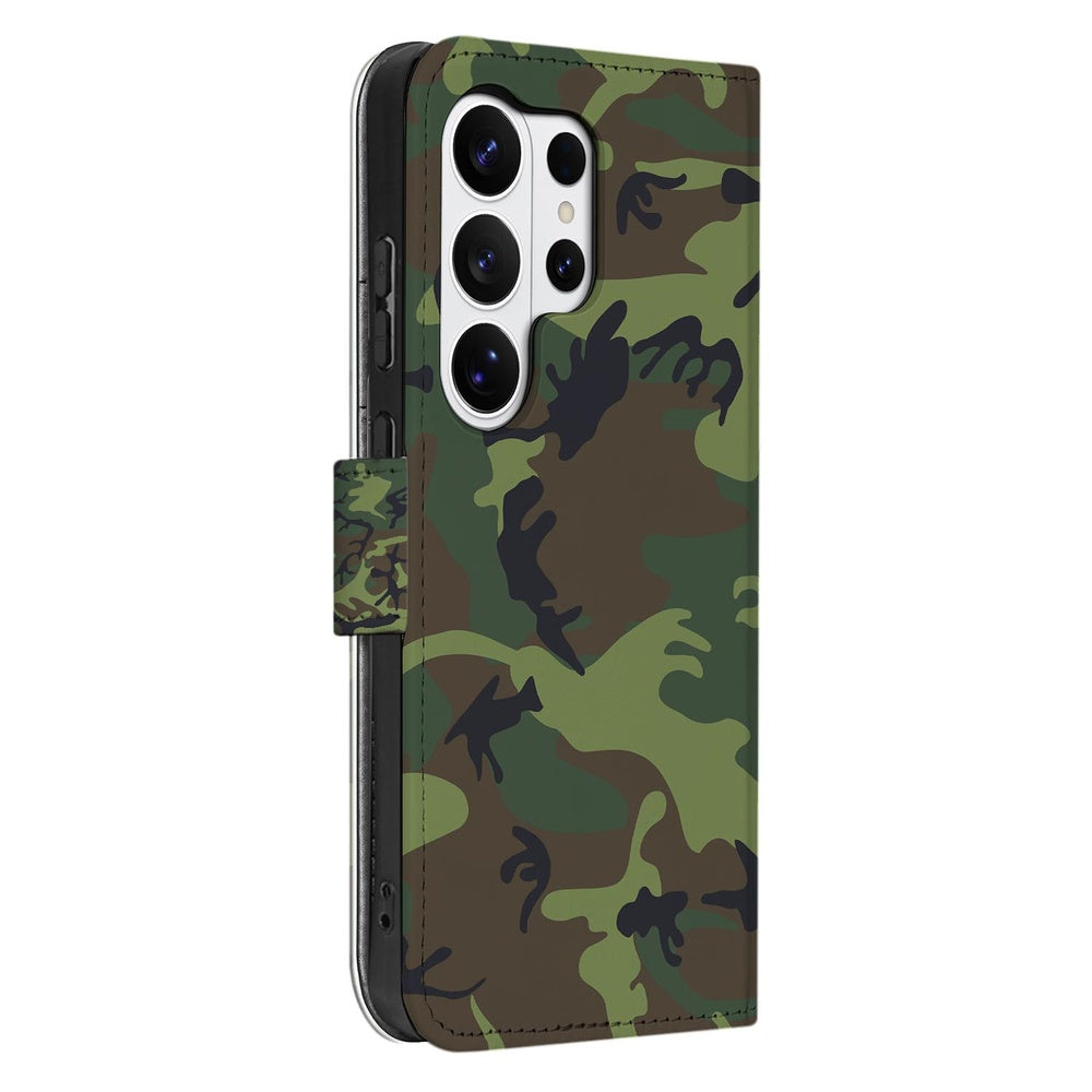 Samsung Galaxy S26 Ultra Portemonnee Hoesje Camouflage Leger Aanzicht zijkant.