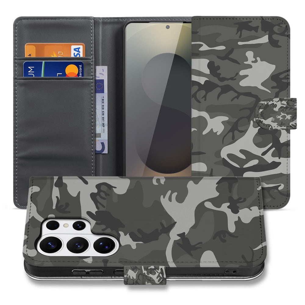 Samsung Galaxy S26 Ultra Portemonnee Hoesje Army Light Camouflage met Pasjeshouder open en dicht zicht.