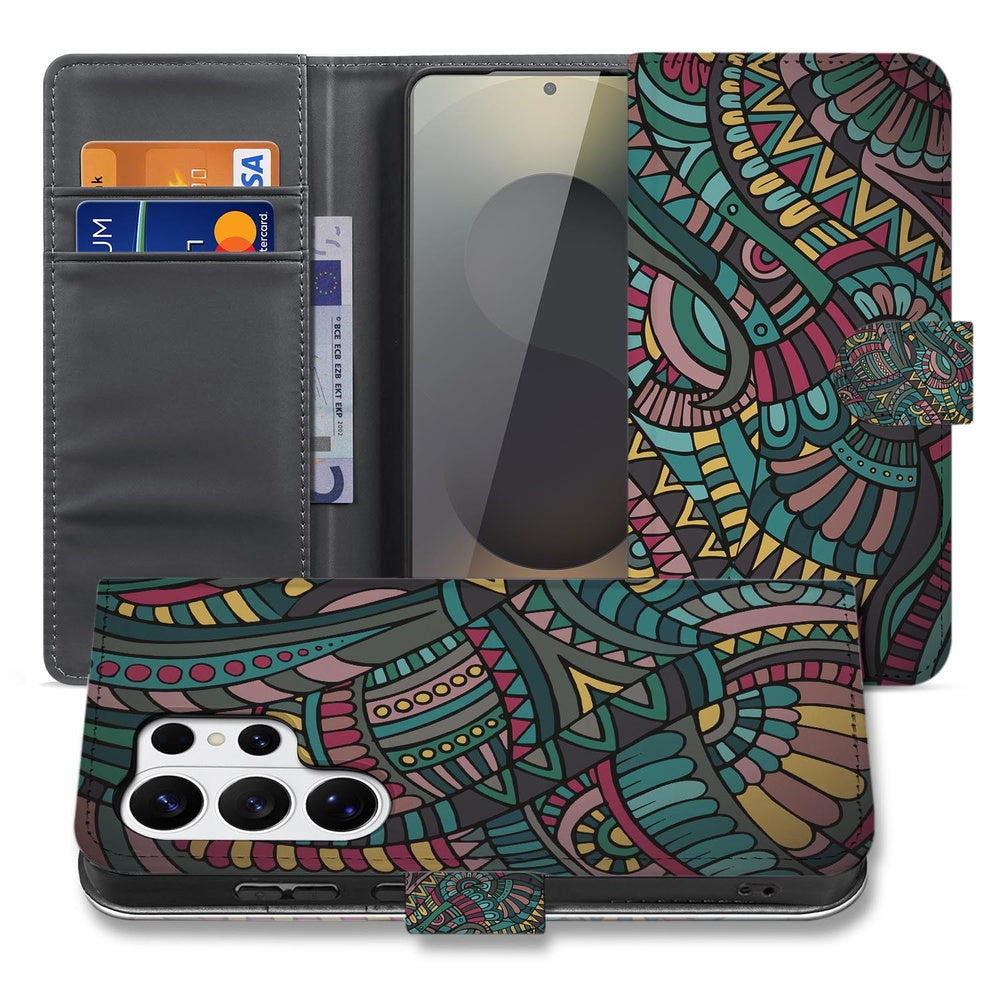 Samsung Galaxy S26 Ultra Bookcase Hoesje Aztec met Magnetische sluiting binnenkant zwart en kleurig patroon.