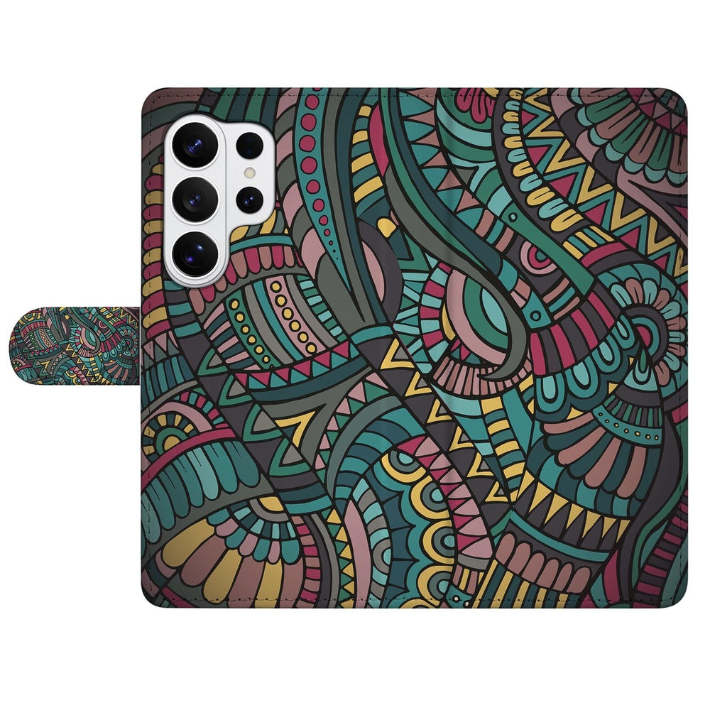 Samsung Galaxy S26 Ultra Bookcase Hoesje Aztec met Magnetische sluiting design kleurrijk patroon vooraanzicht.