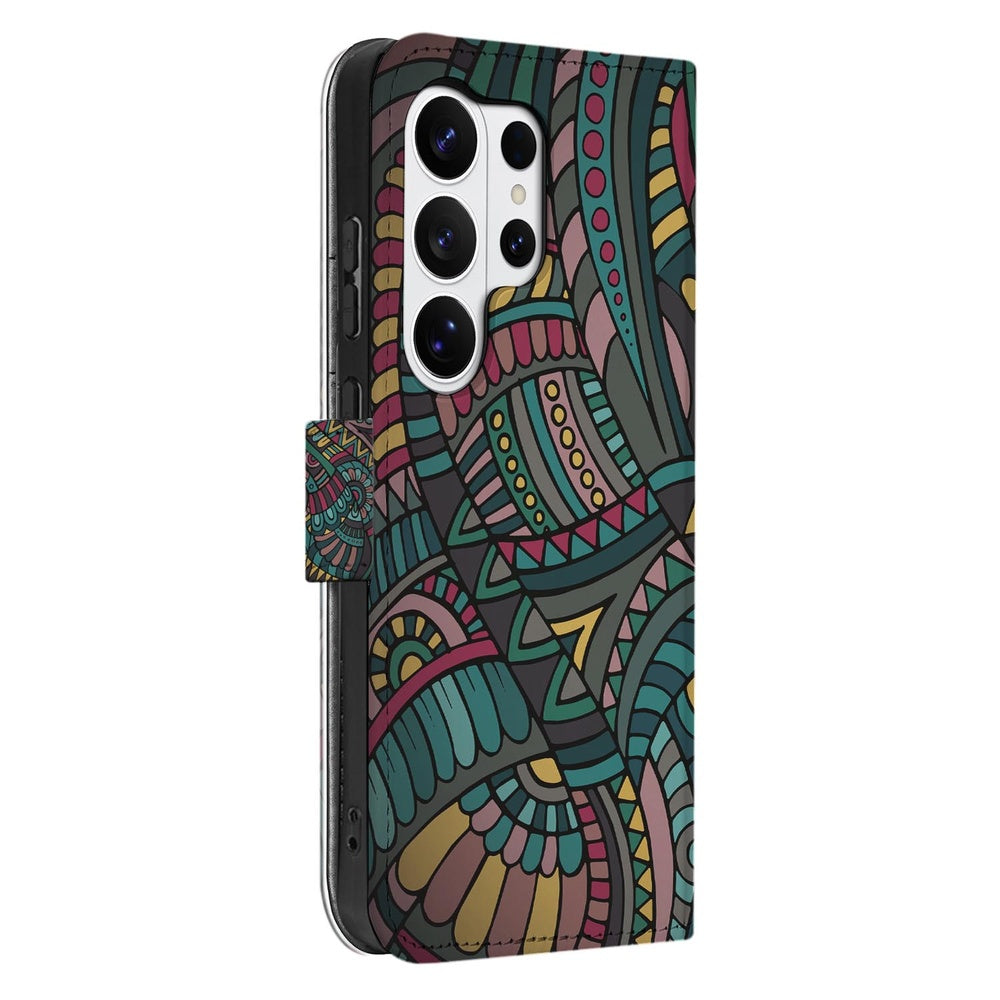 Samsung Galaxy S26 Ultra Bookcase Hoesje Aztec met Magnetische sluiting kleurrijk ontwerp zijaanzicht.