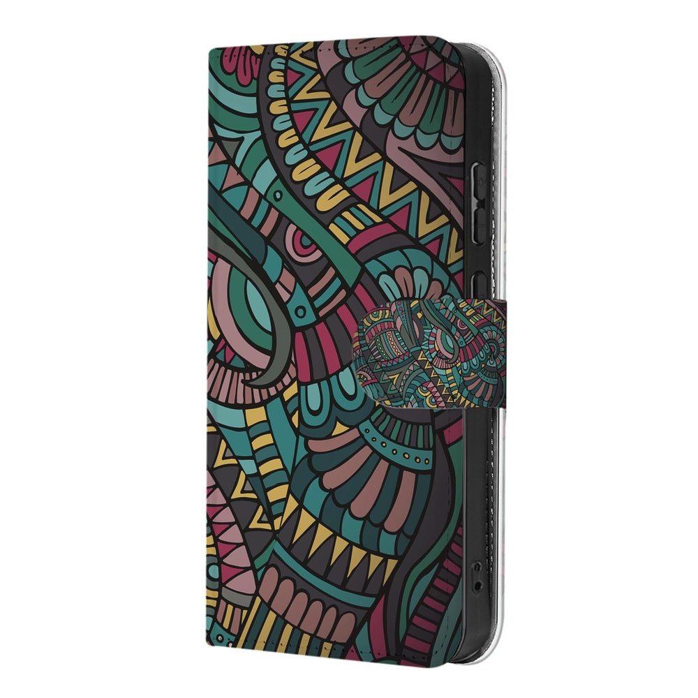 Samsung Galaxy S26 Ultra Bookcase Hoesje Aztec met Magnetische sluiting Aanzicht met kleurrijke ontwerpen.