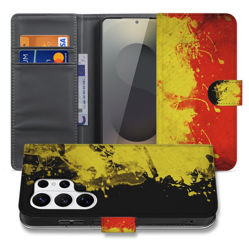 Samsung Galaxy S26 Ultra Bookstyle Hoesje Belgische Vlag Portemonnee Hoesje voorkant en binnenkant design in rood geel zwart.