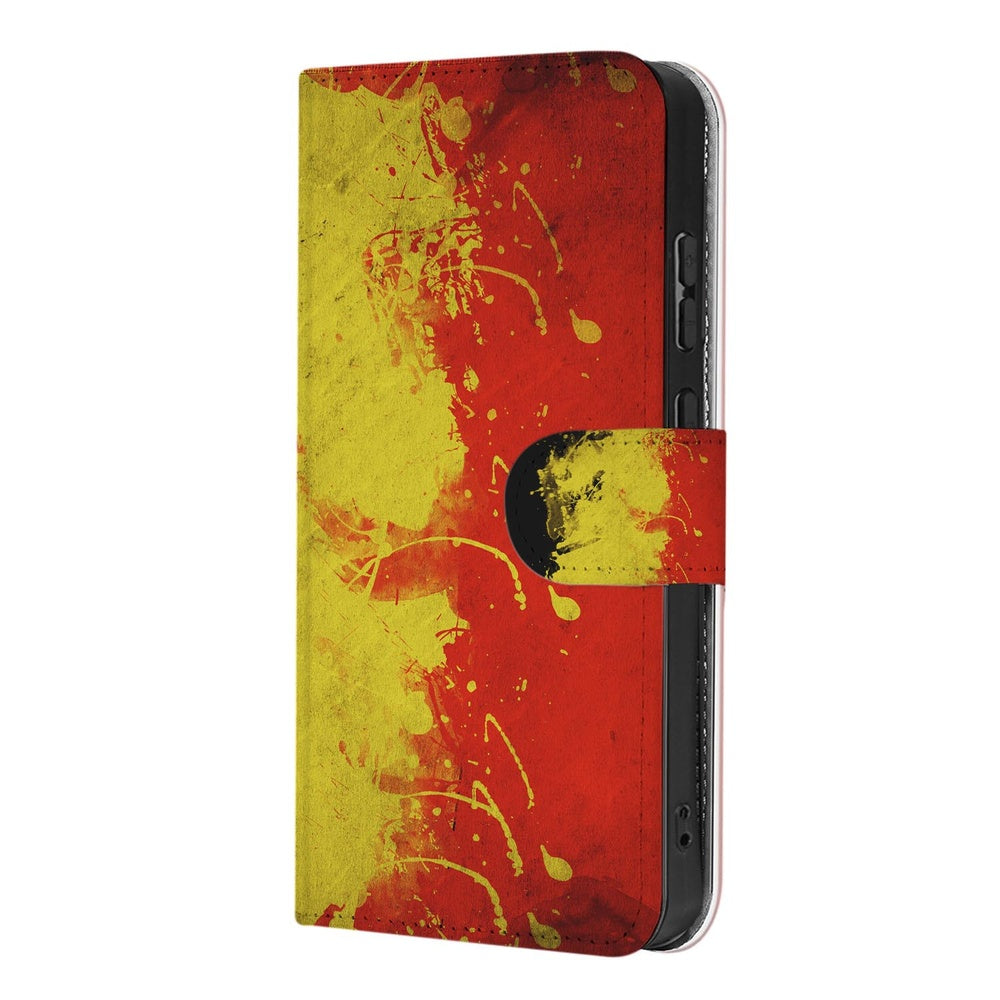 Samsung Galaxy S26 Ultra Bookstyle Hoesje Belgische Vlag Portemonnee Hoesje schuin aanzicht met rood en geel design.