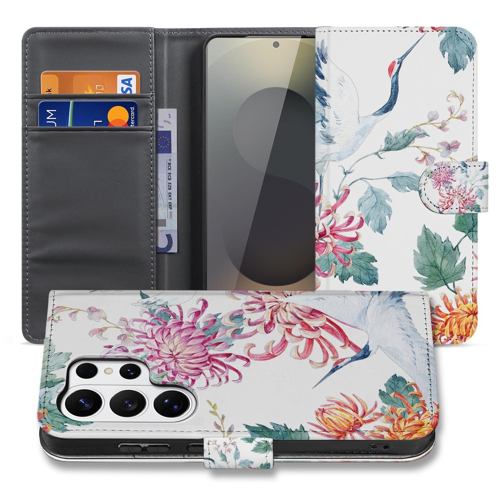 Samsung Galaxy S26 Ultra Bookcase Hoesje Met Pasjes Bird Flowers Print met Pasjeshouder Vooraanzicht.