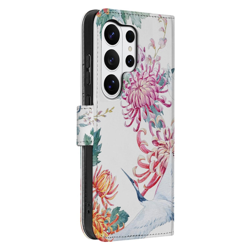 Samsung Galaxy S26 Ultra Bookcase Hoesje Met Pasjes Bird Flowers Print met Pasjeshouder Aanzicht.