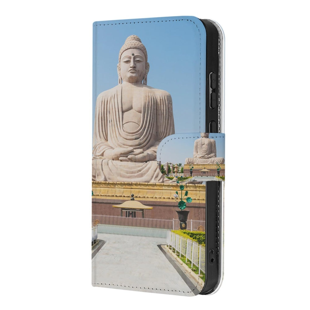 Samsung Galaxy S26 Ultra Book Case Boeddha met Pasjeshouder print op kunstleer vooraanzicht.