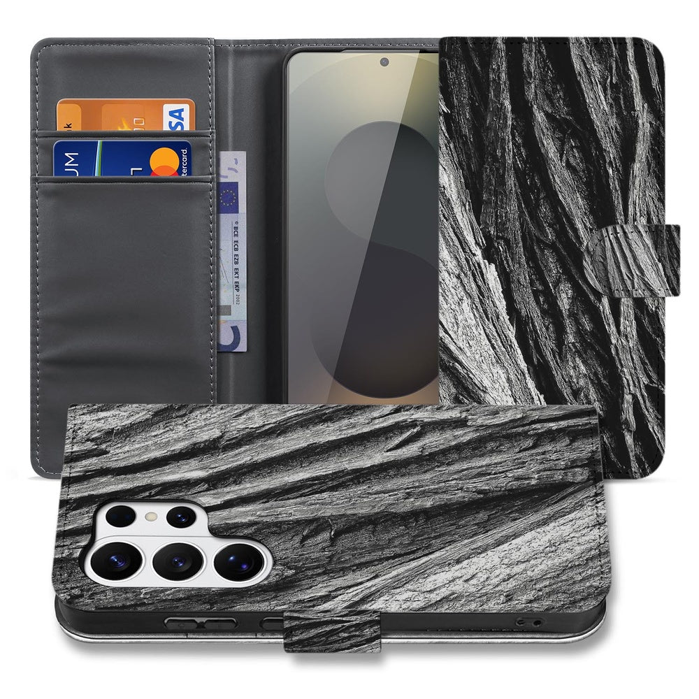 Samsung Galaxy S26 Ultra Telefoonhoesje Boomschors Grijs Rustiek Portemonnee Hoesje Vooraanzicht.