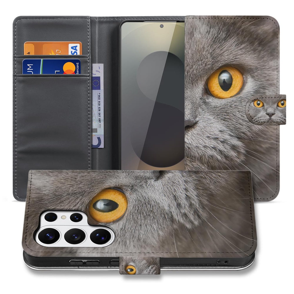 Telefoonhoesje Pasjes Samsung Galaxy S26 Ultra Britse Korthaar met Pasjeshouder met een grijze kat en pasjeshouder.