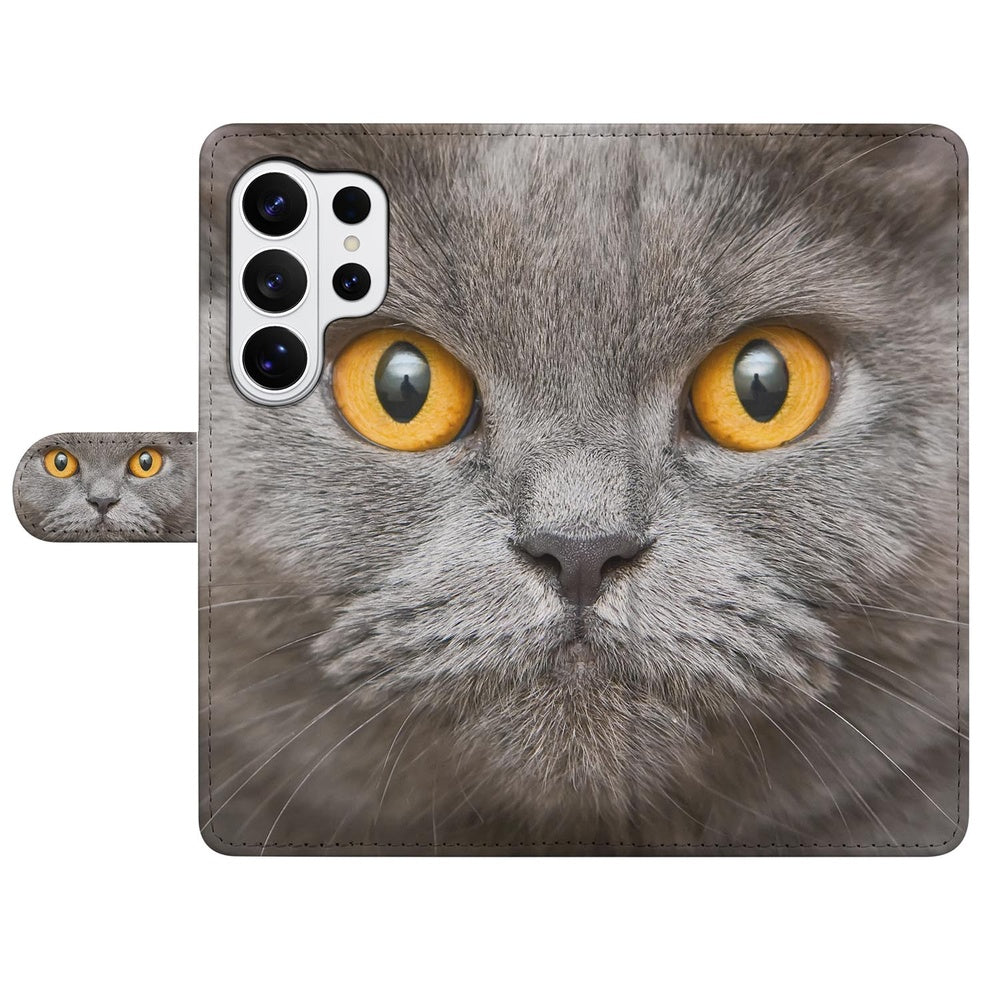 Telefoonhoesje Pasjes Samsung Galaxy S26 Ultra Britse Korthaar met Pasjeshouder met grote kattenprint en praktische functies.