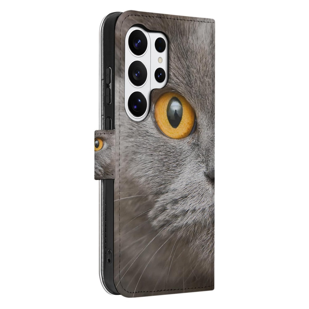 Telefoonhoesje Pasjes Samsung Galaxy S26 Ultra Britse Korthaar met Pasjeshouder in grijze kleur met kat ogen print