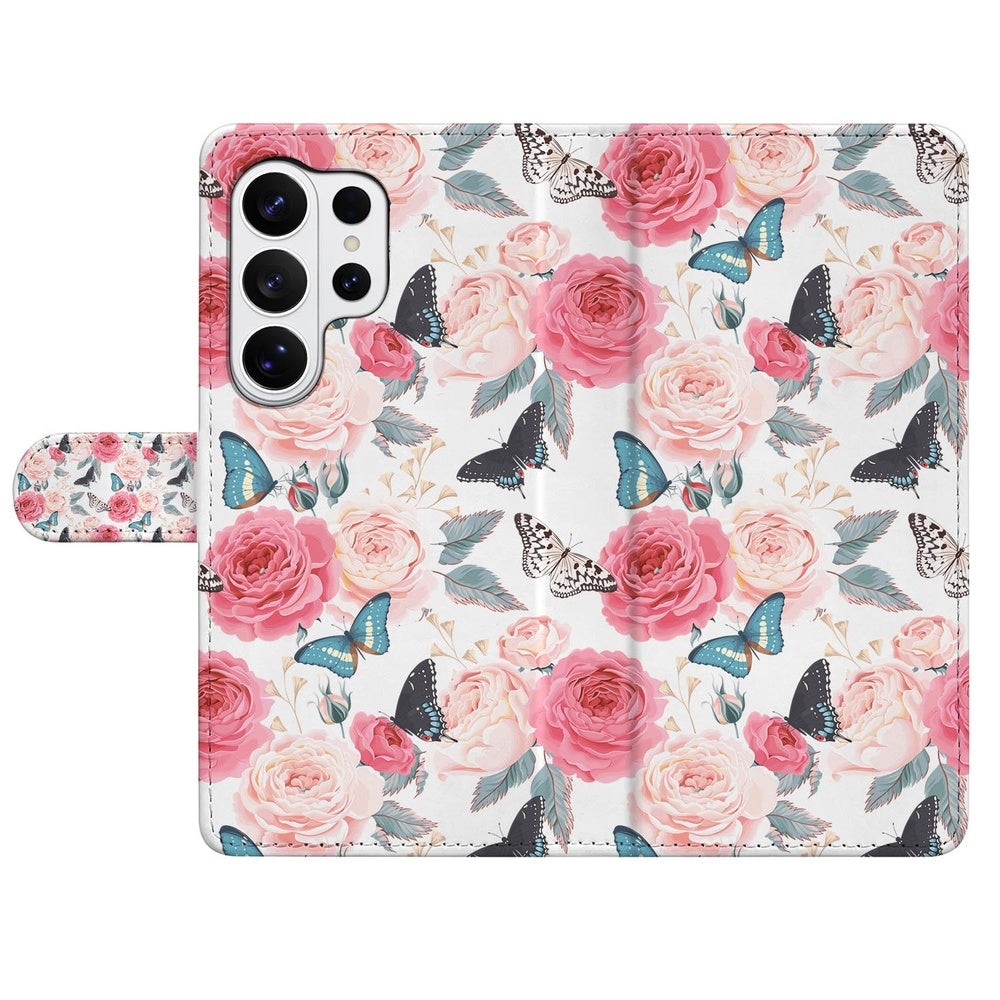 Samsung Galaxy S26 Ultra Bookcase Hoesje Roze Butterfly Portemonnee Hoesje met bloem- en vlinderpatroon.