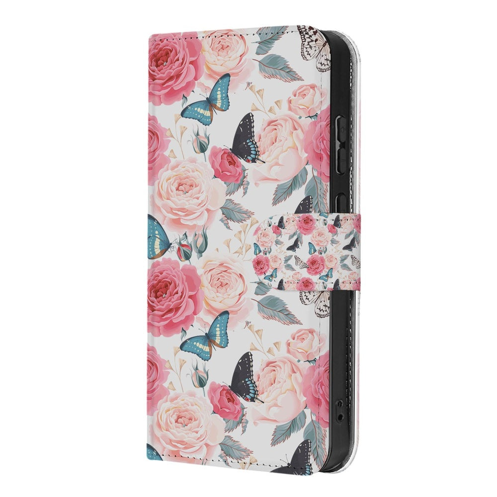 Samsung Galaxy S26 Ultra Bookcase Hoesje Roze Butterfly Portemonnee Hoesje met rozen en vlinders op wit kunstleer