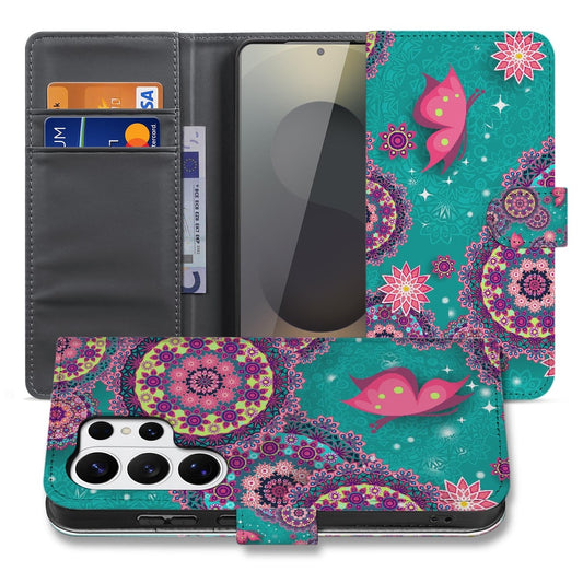 Samsung Galaxy S26 Ultra Bookstyle Hoesje Met Pasjes Cirkels en Vlinders met Magnetische sluiting in een levendig ontwerp.