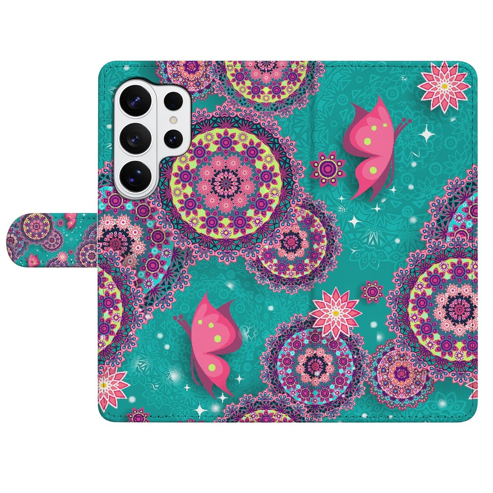 Samsung Galaxy S26 Ultra Bookstyle Hoesje Met Pasjes Cirkels en Vlinders met Magnetische sluiting in levendig design.