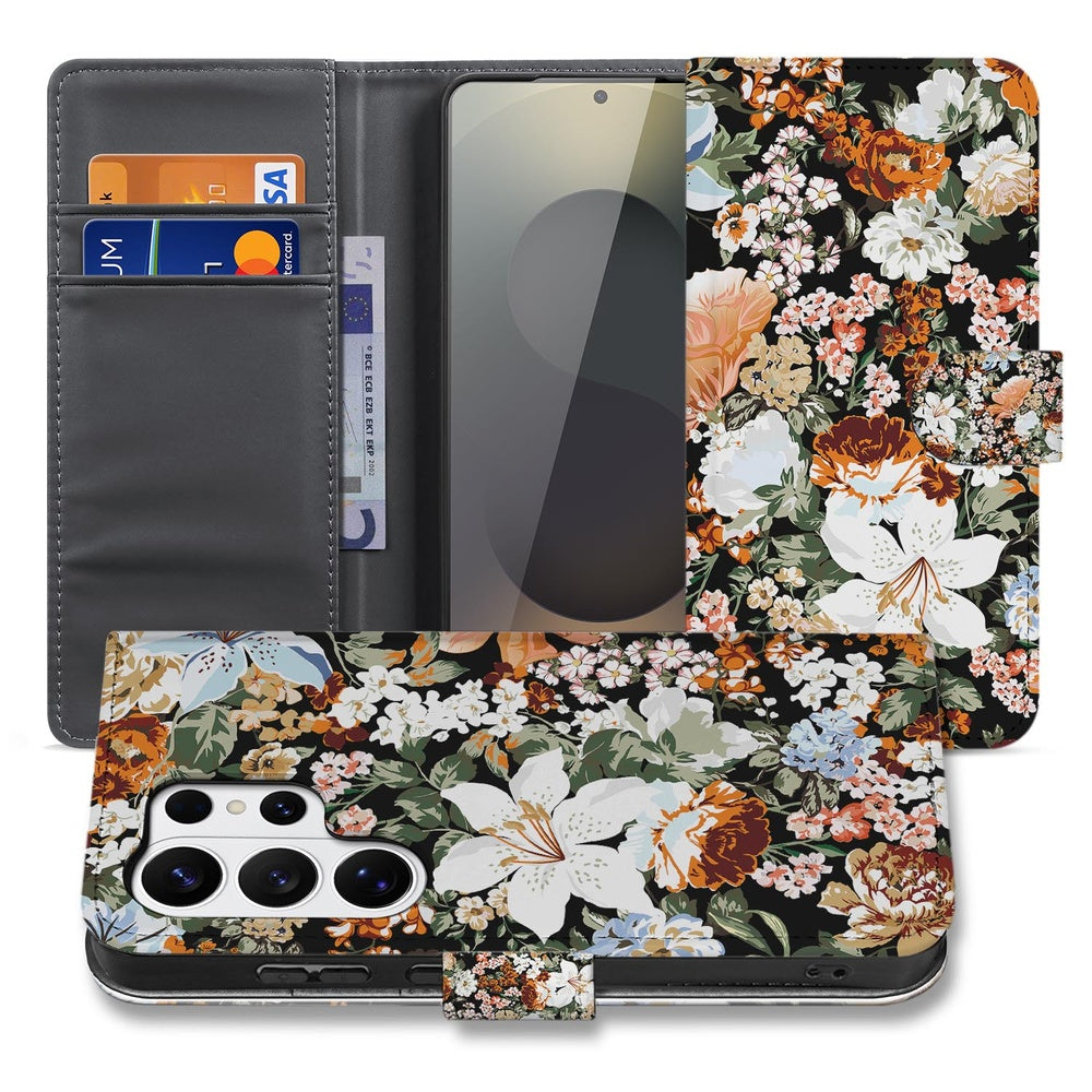 Portemonnee hoesje Samsung Galaxy S26 Ultra Dark Flowers met Pasjeshouder in elegante bloemenprint, open met pasjes.