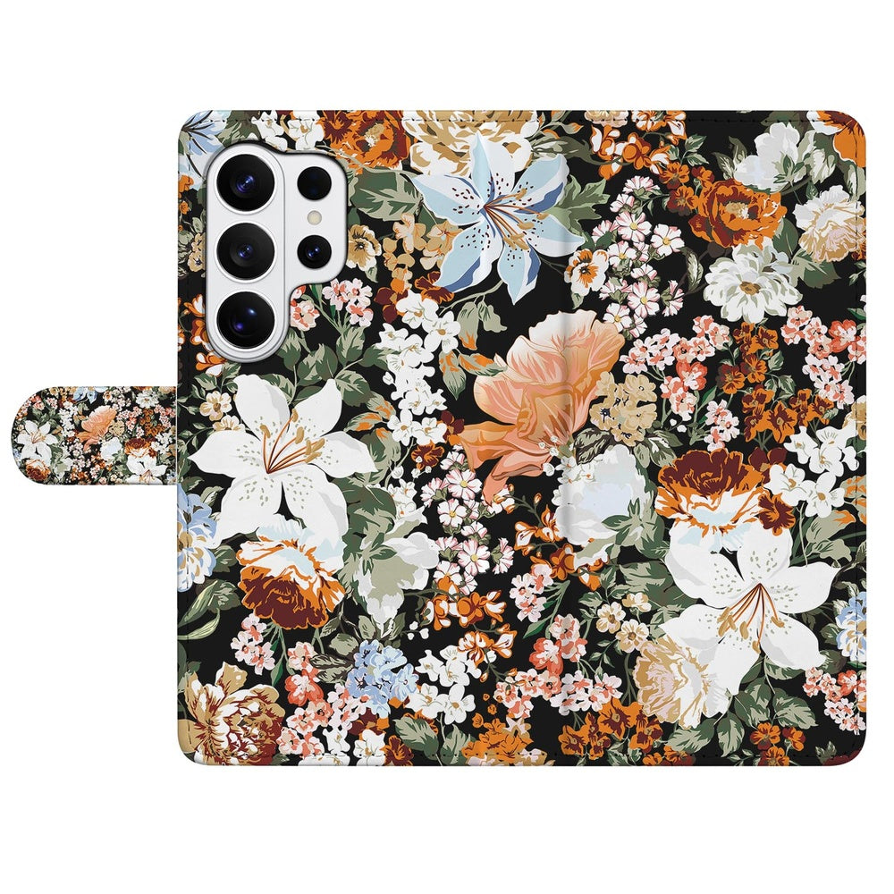 Portemonnee hoesje Samsung Galaxy S26 Ultra Dark Flowers met Pasjeshouder, elegant bloemenpatroon op zwart kunstleer.