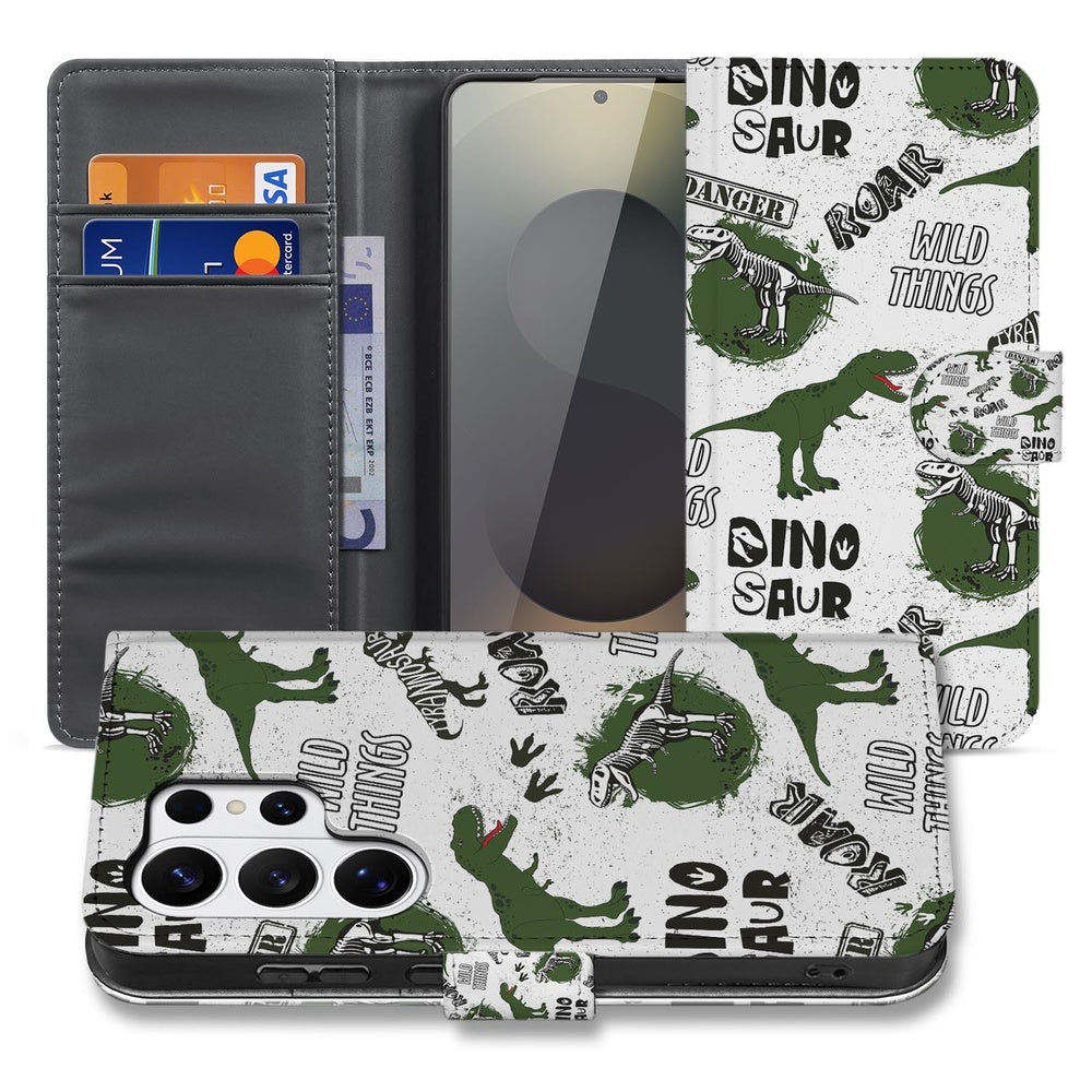 Samsung Galaxy S26 Ultra Portemonnee Hoesje Met Pasjes Dino Print Portemonnee Hoesje met groene dinosaurusillustraties.