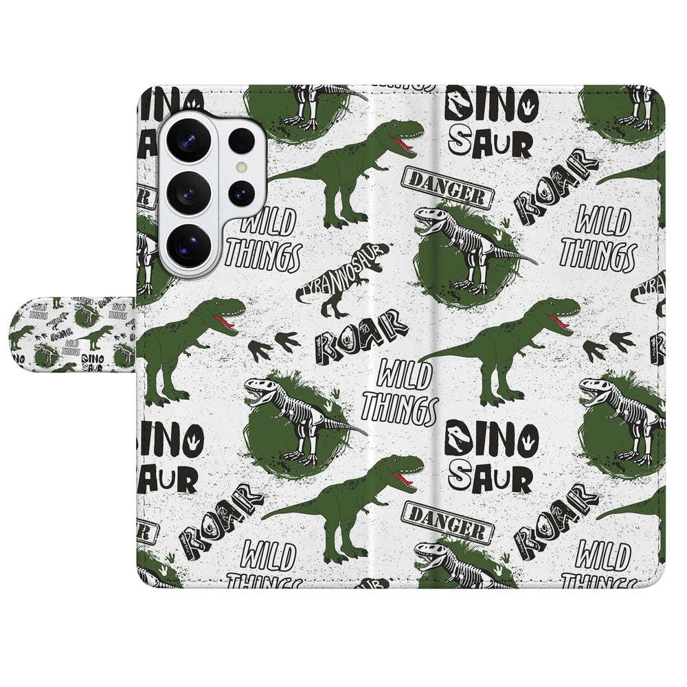 Samsung Galaxy S26 Ultra Portemonnee Hoesje Met Pasjes Dino Print Portemonnee Hoesje met dino en skelet illustraties