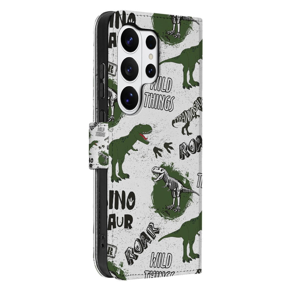 Samsung Galaxy S26 Ultra Portemonnee Hoesje Met Pasjes Dino Print Portemonnee Hoesje met kleurrijke dinosaurusillustraties.