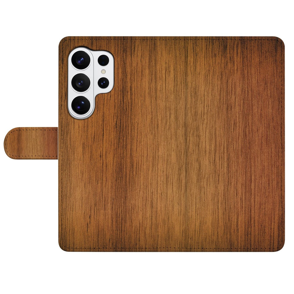 Samsung Galaxy S26 Ultra Book Case Donker Hout met Magnetische sluiting, stijlvolle houten uitstraling voor optimale bescherming.