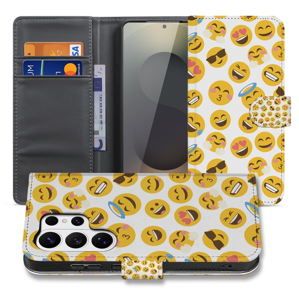 Book Case Samsung Galaxy S26 Ultra Meerkleurig Emoji met Pasjeshouder met vrolijke emoji-print en praktisch ontwerp.