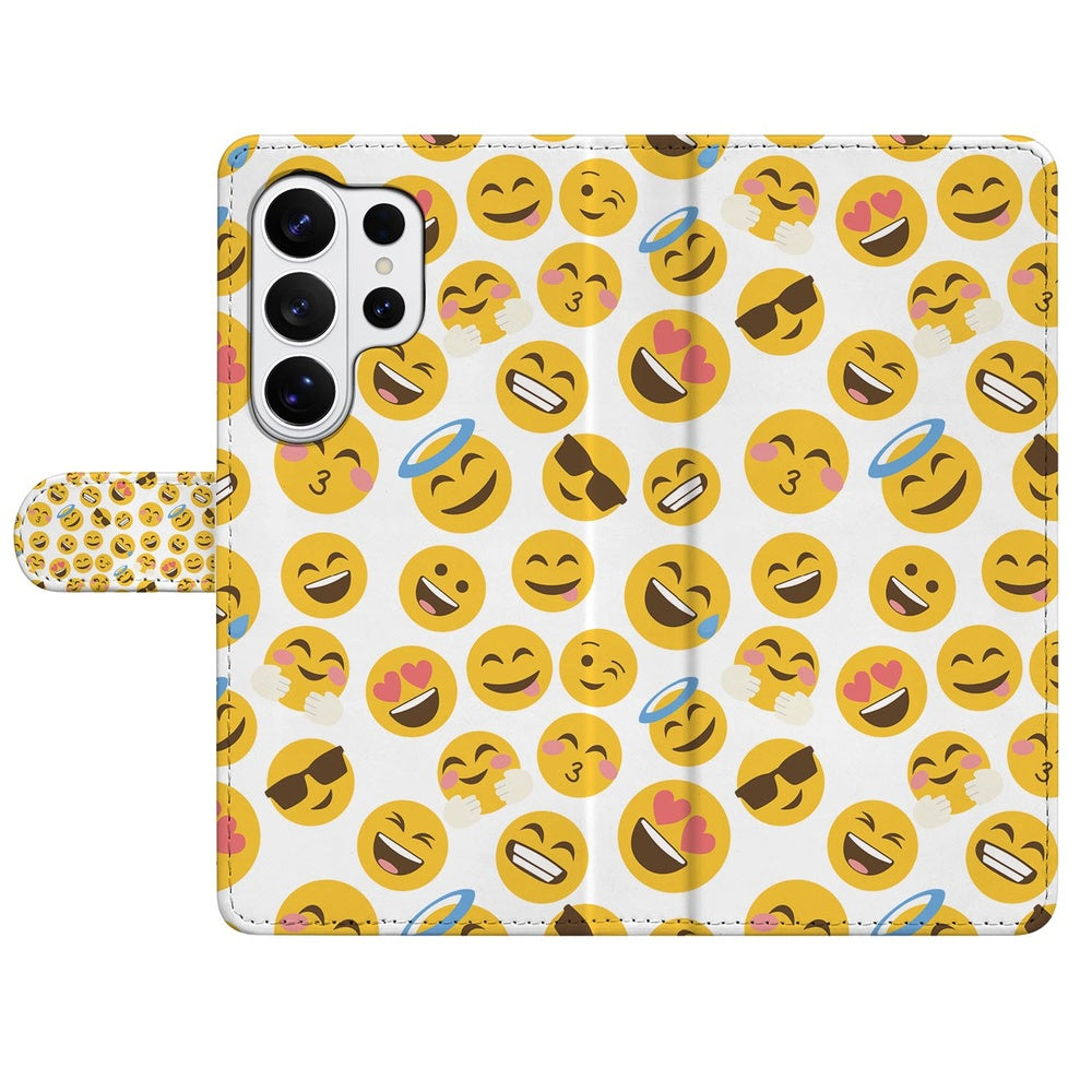 Book Case Samsung Galaxy S26 Ultra Meerkleurig Emoji met Pasjeshouder met vrolijke emoji-print op witte achtergrond.