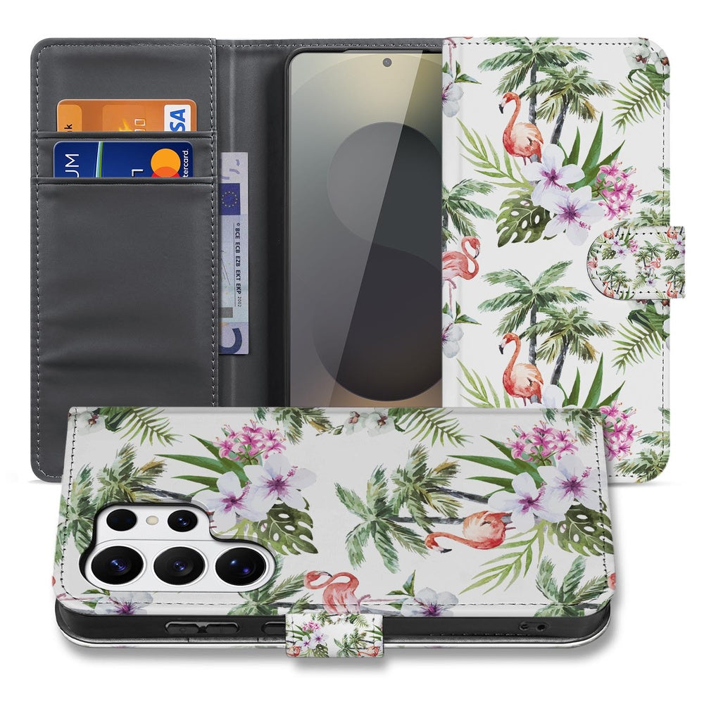 Telefoonhoesje Samsung Galaxy S26 Ultra Flamingo Palms Portemonnee Hoesje met tropische print en ruimte voor kaarten.