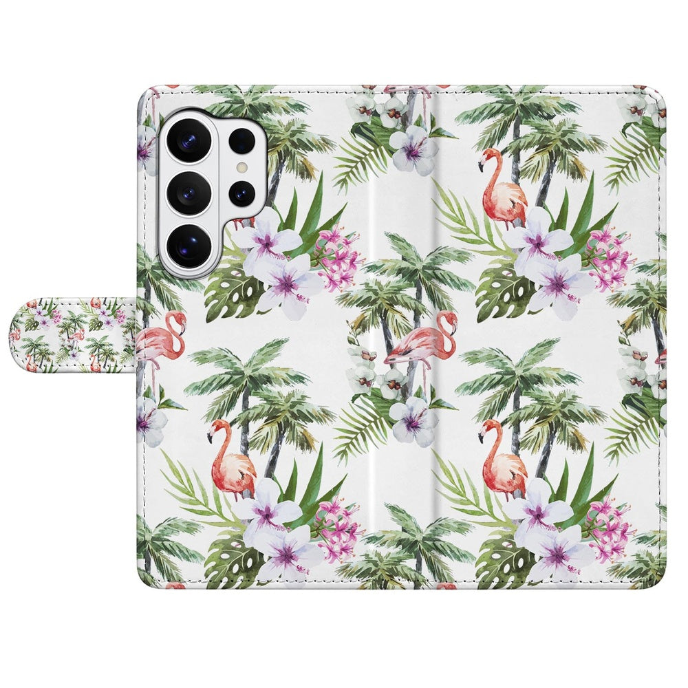 Telefoonhoesje Samsung Galaxy S26 Ultra Flamingo Palms Portemonnee Hoesje met tropische bloemen en flamingo's.
