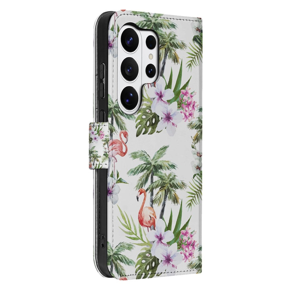Telefoonhoesje Samsung Galaxy S26 Ultra Flamingo Palms Portemonnee Hoesje met tropisch design en bloemenprint.
