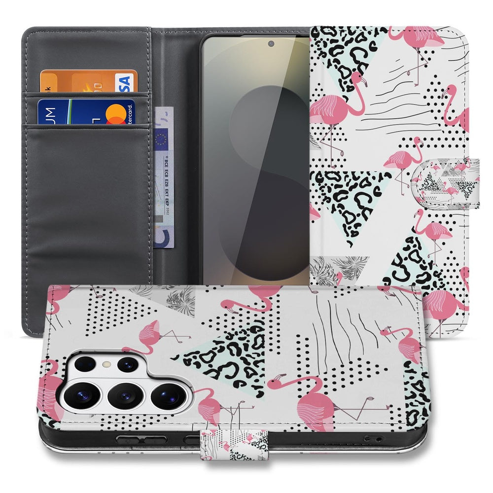 Telefoonhoesje Samsung Galaxy S26 Ultra Flamingo Triangle met Magnetische sluiting met flamingo patroon en stijlvolle accenten.